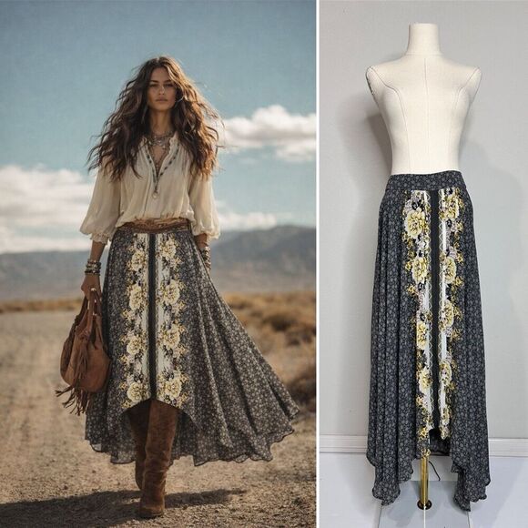 Free People Dresses & Skirts - Free People Floral Panel Maxi Skirt in Black and Yellow
